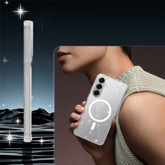 Tvrdené puzdro s trblietkami, pre MagSafe pre Samsung Galaxy S26 Plus, priehľadné