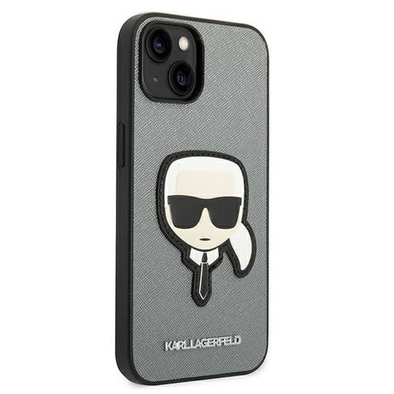 Karl Lagerfeld Obal na mobil pre iPhone 14, Saffiano Karl's Head Patch, strieborné
