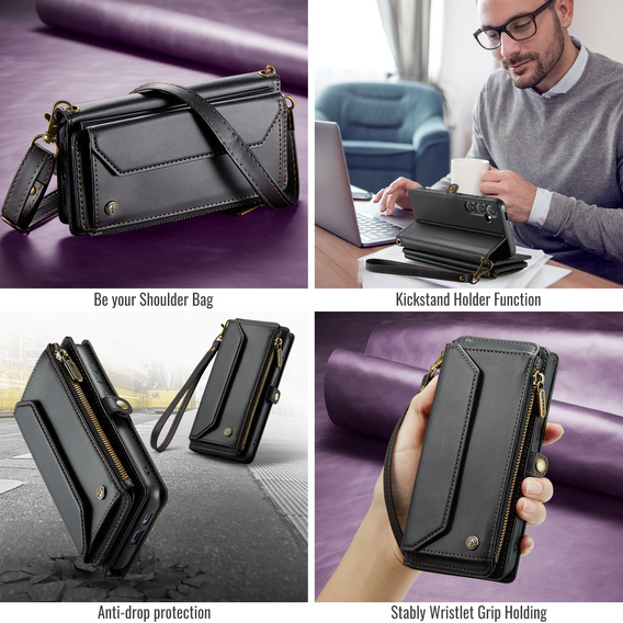 Puzdro CASEME pre Samsung Galaxy S25 FE, RFID Leather Wallet, s popruhom cez rameno, čierne