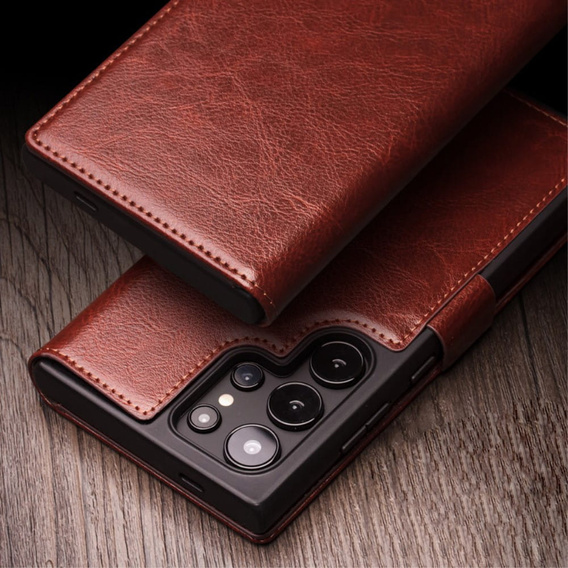 Flipové puzdro pre Samsung Galaxy S25 Ultra, QIALINO Leather Wallet, tmavohnedá
