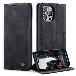 CASEME puzdro pre iPhone 14 Pro, Leather Wallet Case, čierne