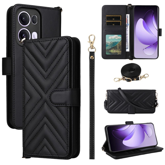 Puzdro s chlopňou pre Oppo Reno 13 Pro 5G, Crossbody Leather Wallet, čierne