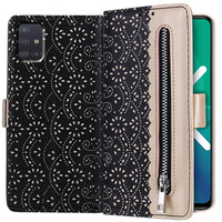 Klapkové puzdro pre Samsung Galaxy A51, Wallet Pocket Zipper Lace, čierne