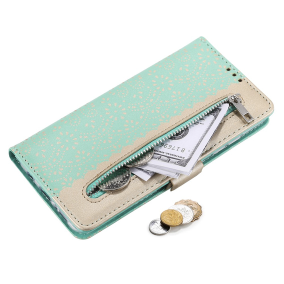 Klapkové puzdro pre Samsung Galaxy A53 5G, Wallet Pocket Zipper Lace, zelený