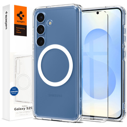 Puzdro MagSafe Spigen pre Samsung Galaxy S25+ Plus, Ultra Hybrid, transparentné / biele + tvrdené sklo 9H