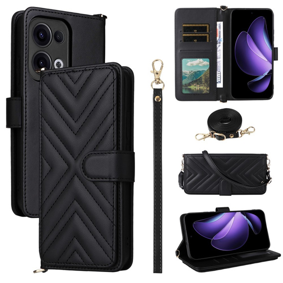 Puzdro s chlopňou pre Oppo Reno 13 5G, Crossbody Leather Wallet, čierne