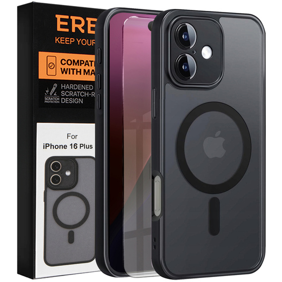 Puzdro pre iPhone 16 Plus, pre MagSafe, ERBORD Matt Case, čierny + sklo na displej