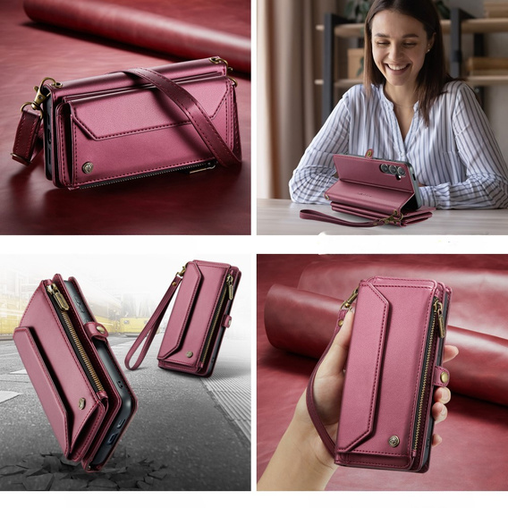 Puzdro CASEME pre Samsung Galaxy S24 FE, RFID Leather Wallet, s popruhom cez rameno, červené