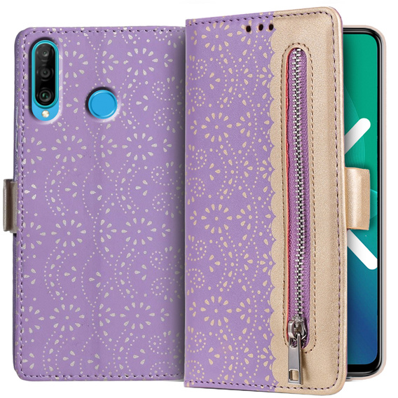 Klapkové puzdro pre Huawei P30 Lite, Wallet Pocket Zipper Lace, fialové