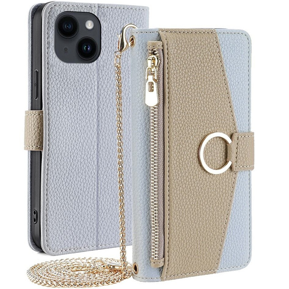 Flipové puzdro pre iPhone 15, Wallet Zipper Pocket, so zrkadlom, modré
