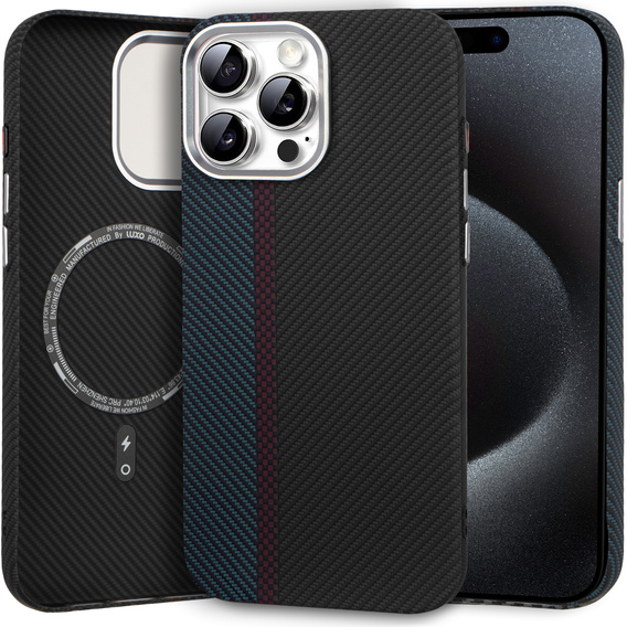 Puzdro pre iPhone 15 Pro, Carbon Fiber MagSafe, čierna / modrá