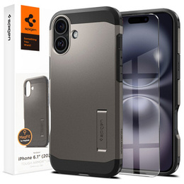 Puzdro Spigen pre iPhone 16, Tough Armor Mag MagSafe, sivé + tvrdené sklo 9H