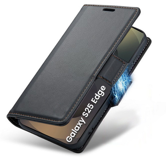 Puzdro pre Samsung Galaxy S25 Edge, ERBORD Glossy Litchi, flipová peňaženka, čierne
