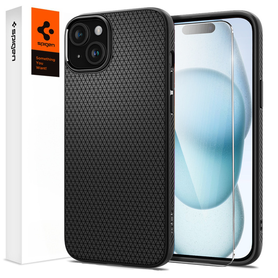 Puzdro Spigen pre iPhone 15, Liquid Air, čierne + tvrdené sklo 9H