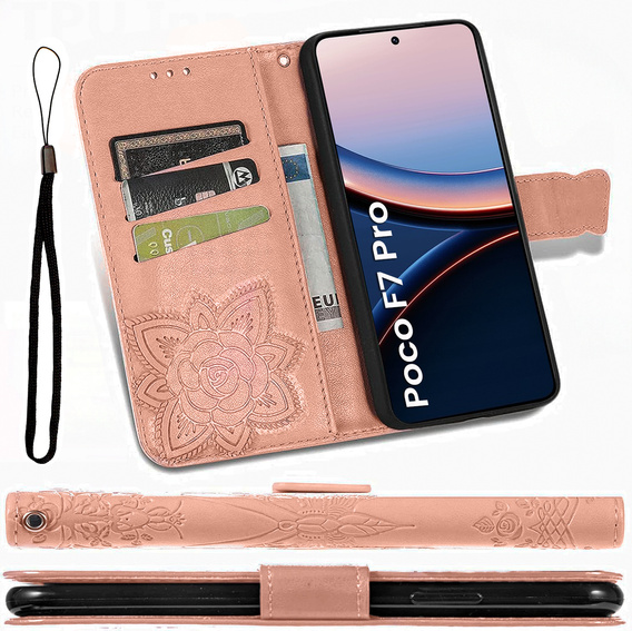 Klapkové puzdro pre Xiaomi Poco F7 Pro, Butterfly, ružové rose gold