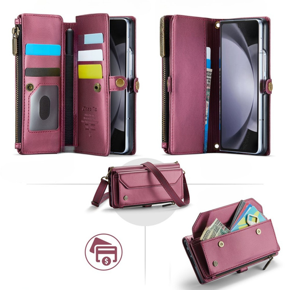 Puzdro CASEME pre Samsung Galaxy Z Fold6 5G, RFID Leather Wallet, s popruhom cez rameno, červené