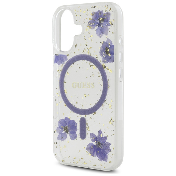 GUESS HC MagSafe puzdro s kvetinovým motívom a trblietkami pre iPhone 16