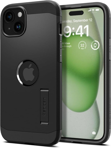 Puzdro Spigen pre iPhone 15, Tough Armor Mag MagSafe, čierne + tvrdené sklo 9H