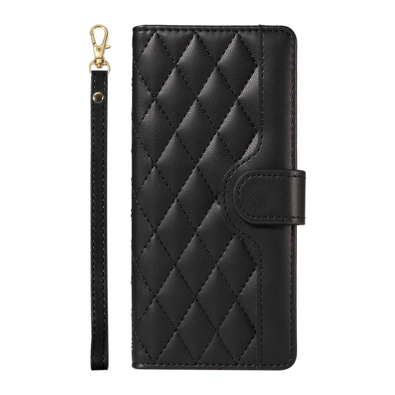 Puzdro s chlopňou pre iPhone 16E, Rhombus Crossbody Leather, čierne