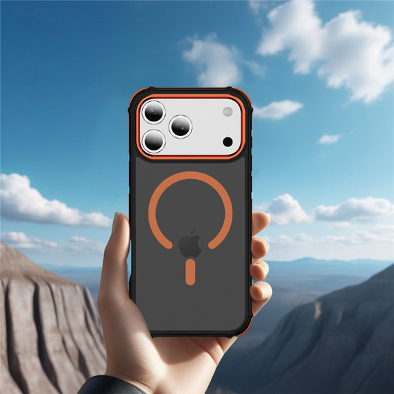 Matné puzdro pre iPhone 17 Pro, pancierované, pre MagSafe, dymové s oranžovými stranami