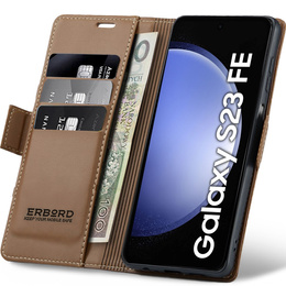 Puzdro pre Samsung Galaxy S23 FE, ERBORD Glossy Litchi, flipová peňaženka, hnedé