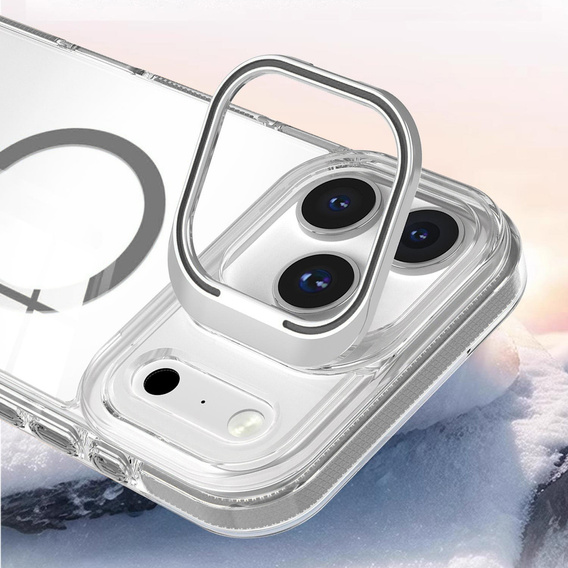 Puzdro pre iPhone 17 Pro, pre MagSafe, so stojanom, priehľadné so sivými vložkami