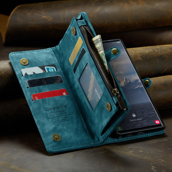 CASEME puzdro pre Samsung Galaxy S25 Ultra, Retro Leather Wallet, s remienkom, zelený