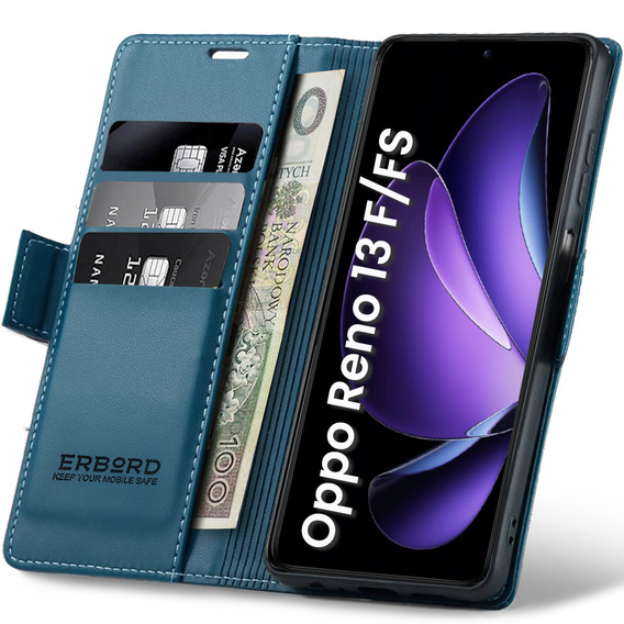 Puzdro pre Oppo Reno 13F / Oppo Reno 13FS, ERBORD Glossy Litchi, flipová peňaženka, modré
