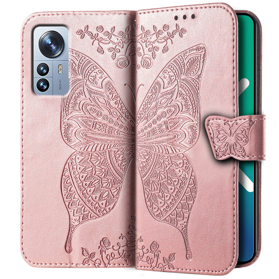 Klapkové puzdro pre Xiaomi 12 Pro, Butterfly, ružové rose gold