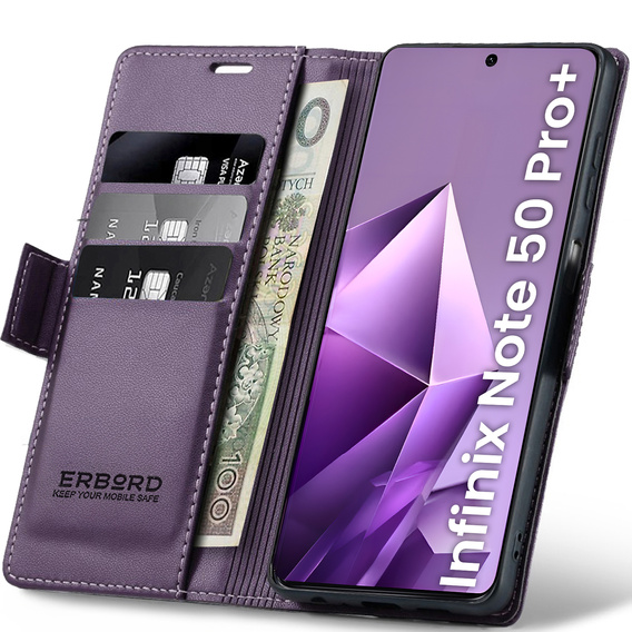Puzdro pre Infinix Note 50 Pro+, ERBORD Glossy Litchi, flipová peňaženka, fialové