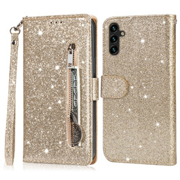Klapkové puzdro pre Samsung Galaxy A36 5G, Wallet Zipper Pocket Glittery, zlaté