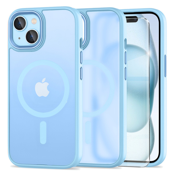 Puzdro pre iPhone 15, pre MagSafe, ERBORD Matt Case, modrý + sklo na displej