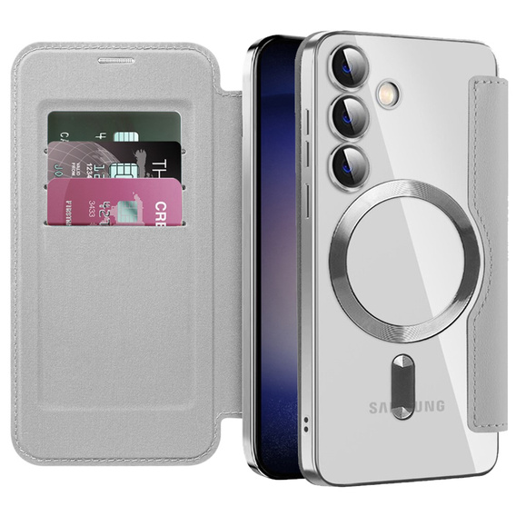 Klapkové puzdro pre Samsung Galaxy S24, RFID Wallet MagSafe CamShield, strieborné