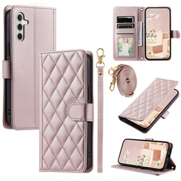 Puzdro s chlopňou pre Samsung Galaxy S25 FE, Rhombus Crossbody Leather, ružové rose gold
