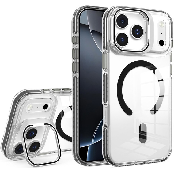 Puzdro pre iPhone 17 Pro Max, pre MagSafe, so stojanom, priehľadné s čiernymi vložkami