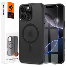 Puzdro MagSafe Spigen pre iPhone 16 Pro, Ultra Hybrid, transparentné / čierne + tvrdené sklo 9H