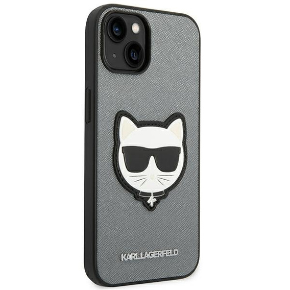 Karl Lagerfeld Obal na mobil pre iPhone 14, Saffiano Choupette Head Patch, strieborné