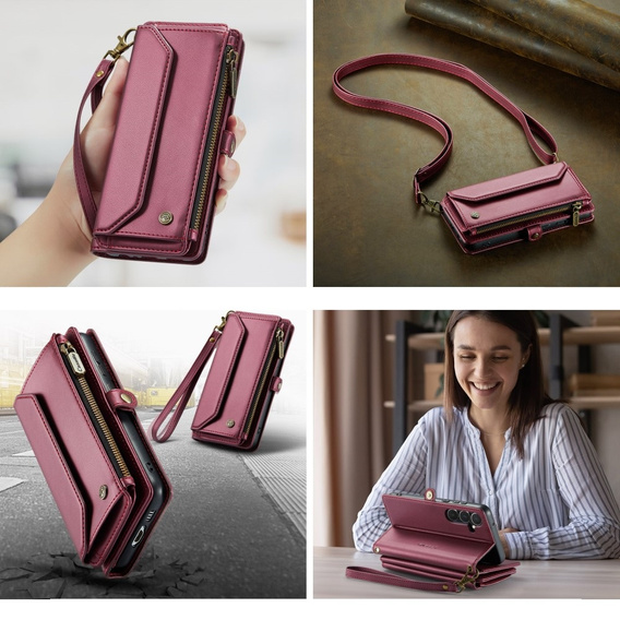 Puzdro CASEME pre Samsung Galaxy A55 5G, RFID Leather Wallet, s popruhom cez rameno, červené
