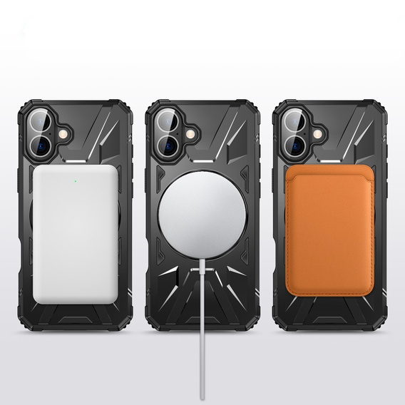 Puzdro pre iPhone 16, pancierované so stojanom a rukoväťou, čierne