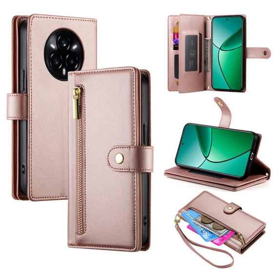Klapkové puzdro pre Realme 14 Pro 5G, Wallet Zipper Pocket, ružové