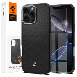 Puzdro Spigen pre iPhone 16 Pro Max, Enzo Aramid MagSafe, čierny uhlík / strieborná + tvrdené sklo 9H