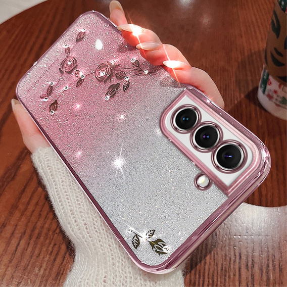 Puzdro pre Samsung Galaxy S22+ Plus, Glitter Flower, ružové rose gold
