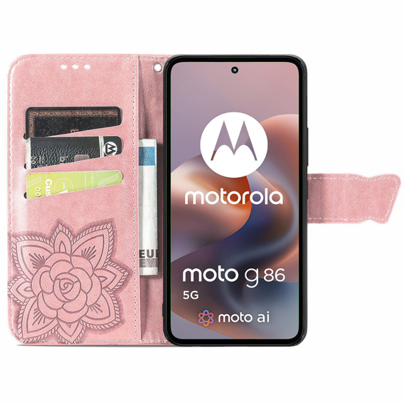 Klapkové puzdro pre Motorola Moto G86 5G, Butterfly, ružové rose gold
