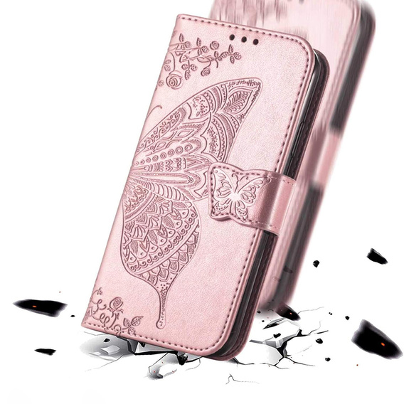 Klapkové puzdro pre Oppo Reno 14F, peňaženka, Butterfly, ružové zlato
