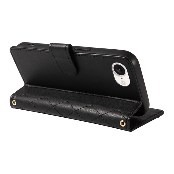 Puzdro s chlopňou pre iPhone 16E, Rhombus Crossbody Leather, čierne