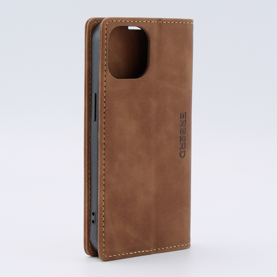 Puzdro pre iPhone 15, ERBORD Vintage, peňaženka s chlopňou, hnedé