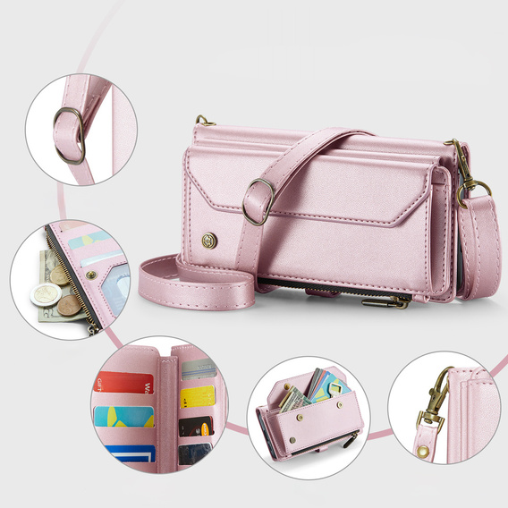 Puzdro CASEME pre Samsung Galaxy S25 FE, RFID Leather Wallet, s popruhom cez rameno, ružové