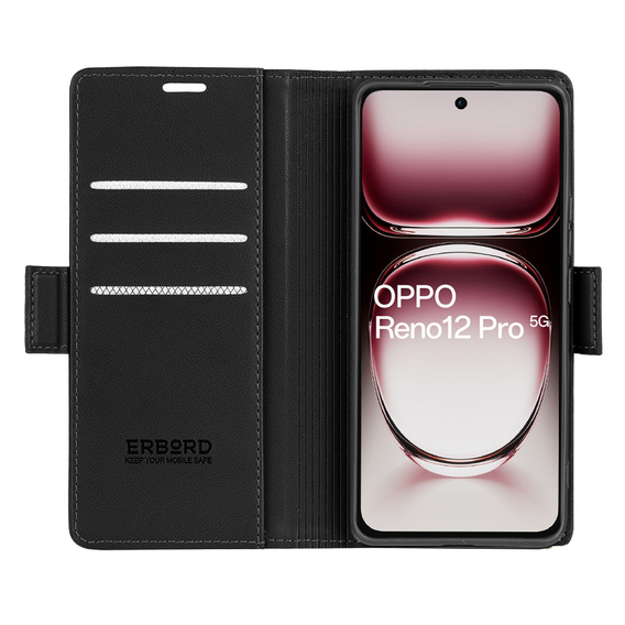 Puzdro pre Oppo Reno 12 Pro, ERBORD Glossy Litchi, flipová peňaženka, čierne