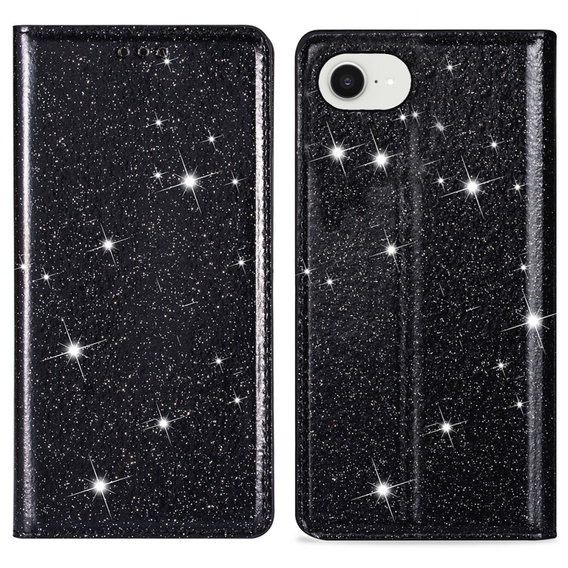 Flipové puzdro na iPhone 16E, Card Slot Glittery, čierne