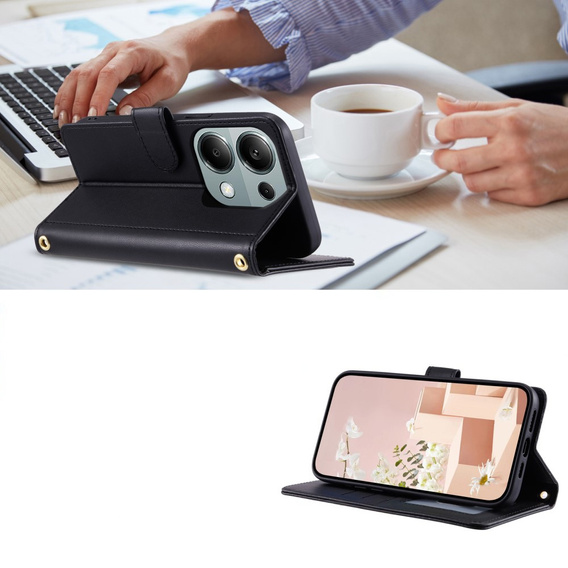 Puzdro s chlopňou pre Xiaomi Redmi Note 13 Pro 4G / Xiaomi Redmi Note 14S / Xiaomi Poco M6 Pro 4G, Rhombus Crossbody Leather, čierne